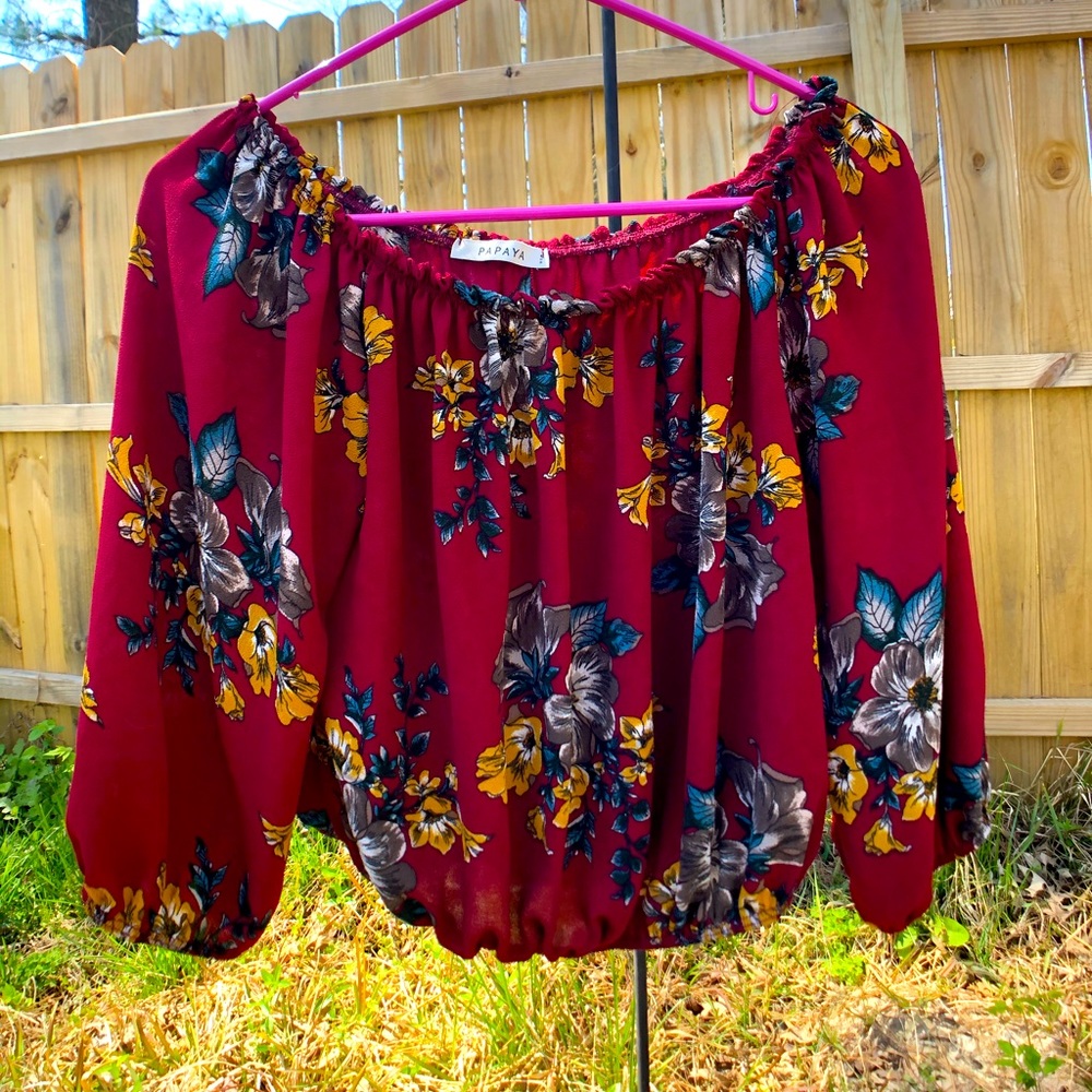 Off-the-Shoulder Floral Chiffon Sleeved Crop Top